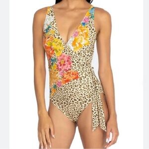 Johnny Was NWT Women's XXL Leopard Floral Wrap One Piece Boho Swimsuit New